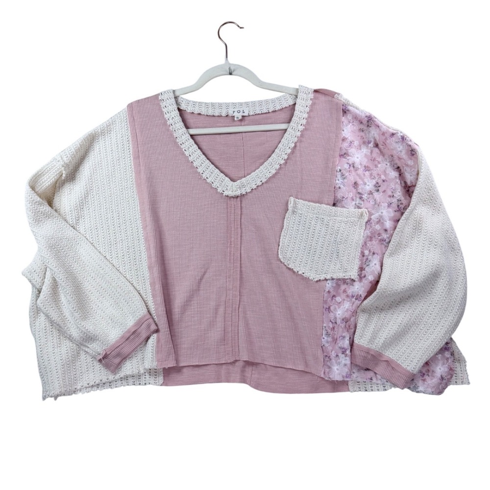 POL Top Women Small Pink Oversized Cropped Mixed Media Waffle Knit Boho SMT2697